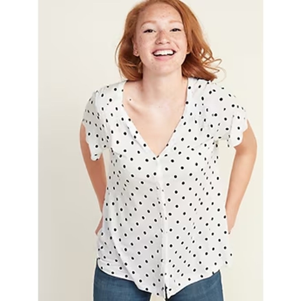 Old Navy Polka Dot‎ V-Neck Button Front Jersey Knit Top XXL Smocked Short Sleeve